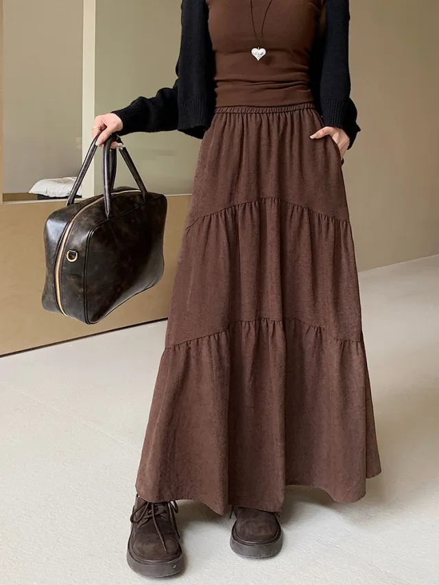 Pleated Stitching Elastic Waist Loose All match Large Swing A Line Dress Brown - Shop at LoveMi