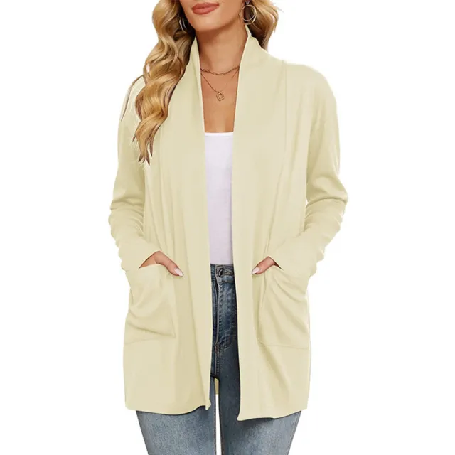 Women's Casual Loose Long Sleeve Pocket Cardigan Apricot - Shop at LoveMi
