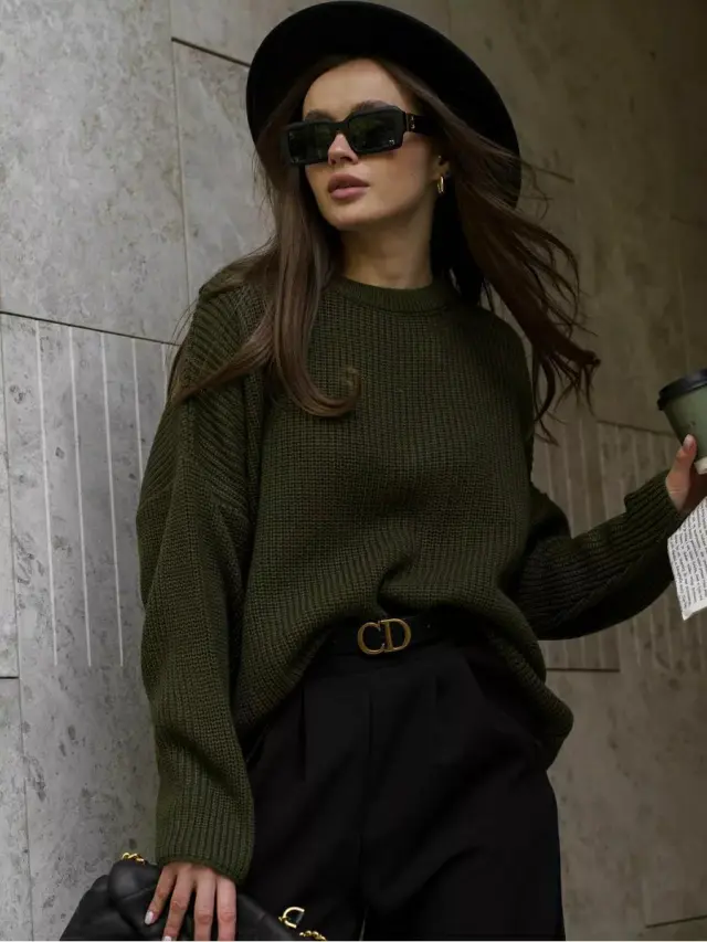 Women's Round Neck Loose Sweater Pullover Army Green - Shop at LoveMi