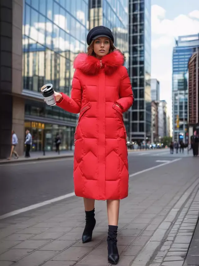Slim Fit Below The Knee Cotton Coat Big Fur Collar Thickened Padded Jacket Red - Shop at LoveMi