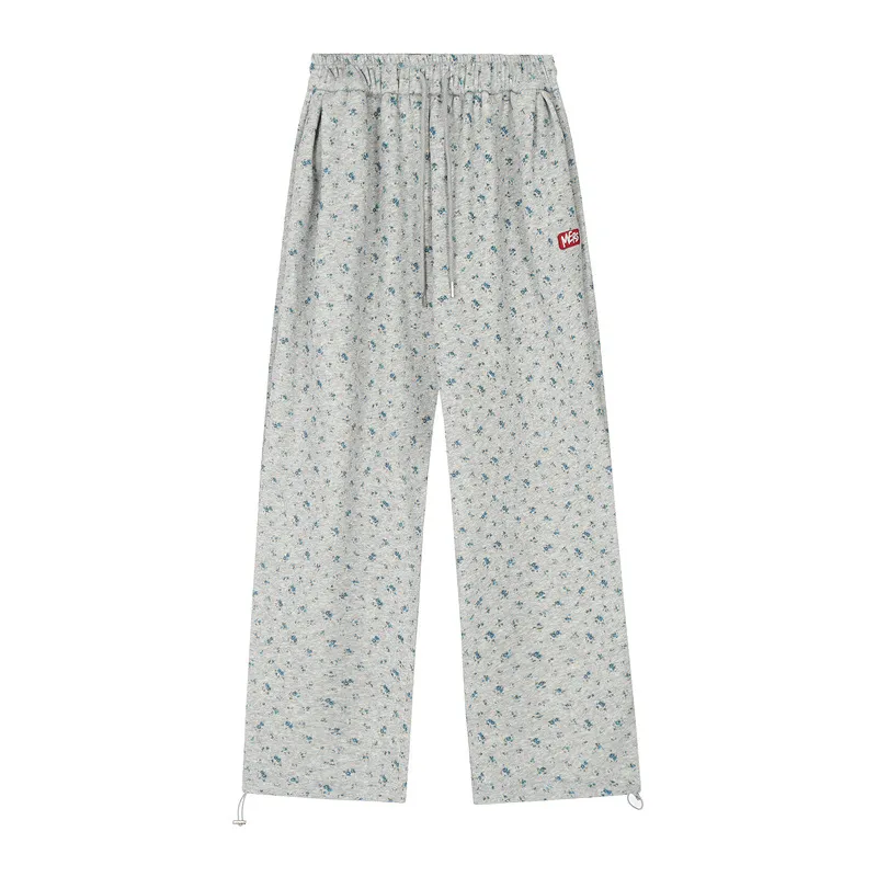 Small Floral Fleece-lined Niche High Waist Casual Pants For Women - Flower Gray