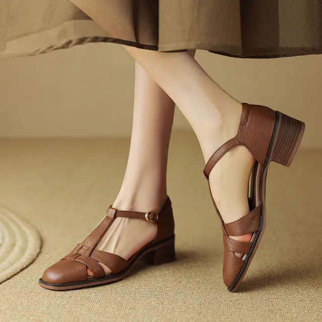 Female T type Belt Hollow out Chunky Heel Round toe Sandles Brown - Shop at LoveMi