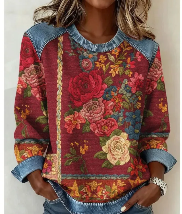 Womens Retro Crew Neck Long Sleeve Sweatshirt Top Wvwy 04 4Xl - Shop at LoveMi