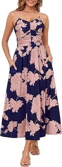 Elegant Pleated Floral Pocket Dress For Women - Pink - View 1