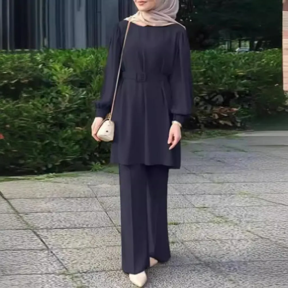 Middle East Muslim Round Neck Long Sleeve Belt Elastic Waist Top And Trousers Suit