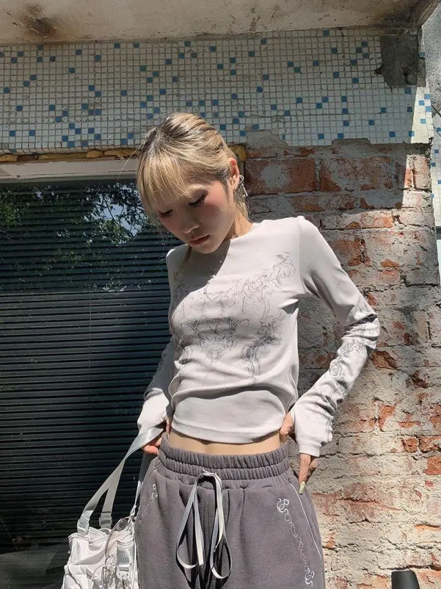 Summer Retro Street Women's Printed Personality Fashion Casual Long Sleeve Pullover Crew Neck T shirt Top Light Gray - Shop at LoveMi