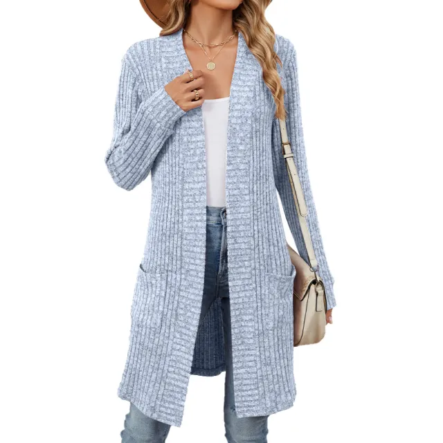 Women's Long Sleeve Loose Pockets Coat Light Blue - Shop at LoveMi