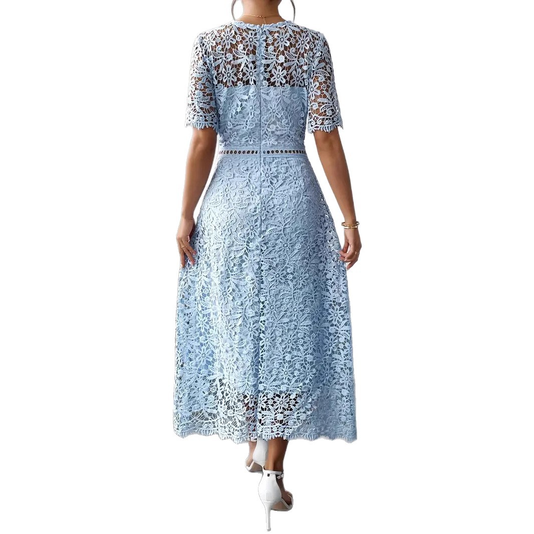 Round Neck Water Soluble Lace Short Sleeve Hollow Lace Elegant Long Dress