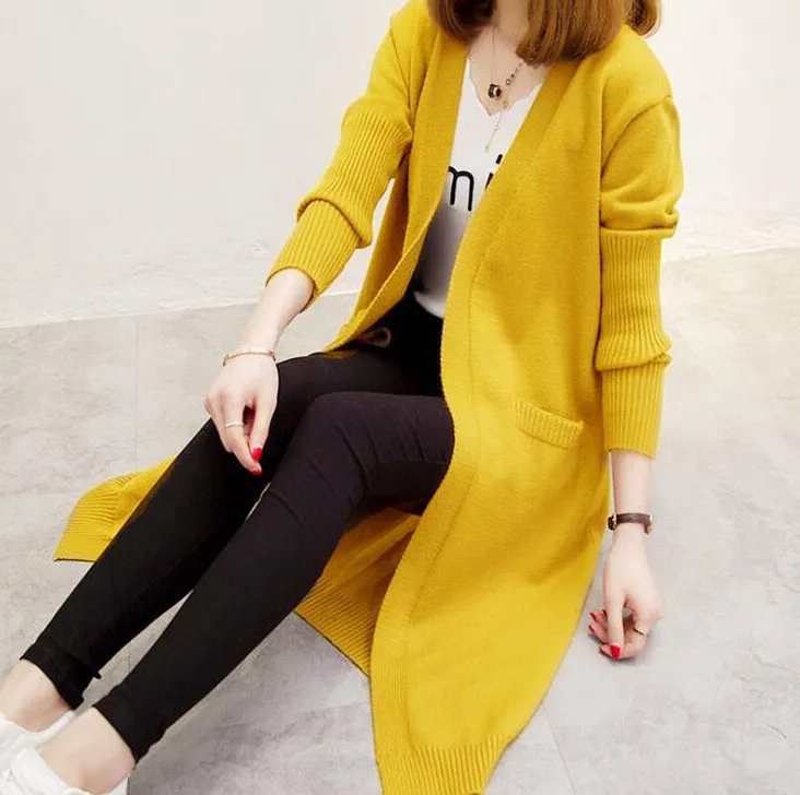 Women's Fashion Casual Double Pocket Mid-length Knitted Cardigan Sweater - Yellow
