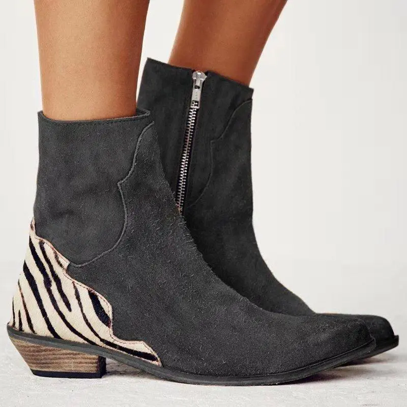 Korean Style Plus Size Pointed Thick Low Heel Side Zip Short Boots - Black