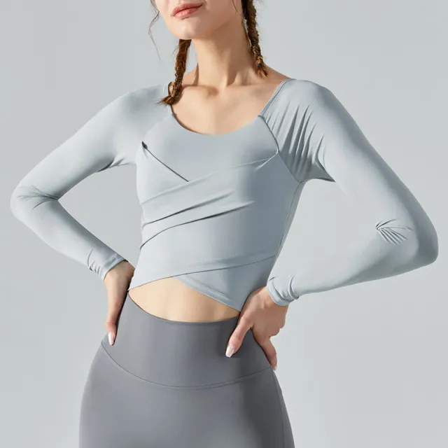 Yoga Clothes Long Sleeve Cross Pleated Workout Clothes Women's Tops Gray - Shop at LoveMi