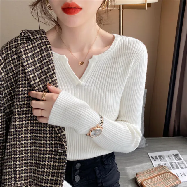 Women's V neck Sweatshirt Casual Bottoming Shirt Slim fit Long sleeved Shirt White - Shop at LoveMi