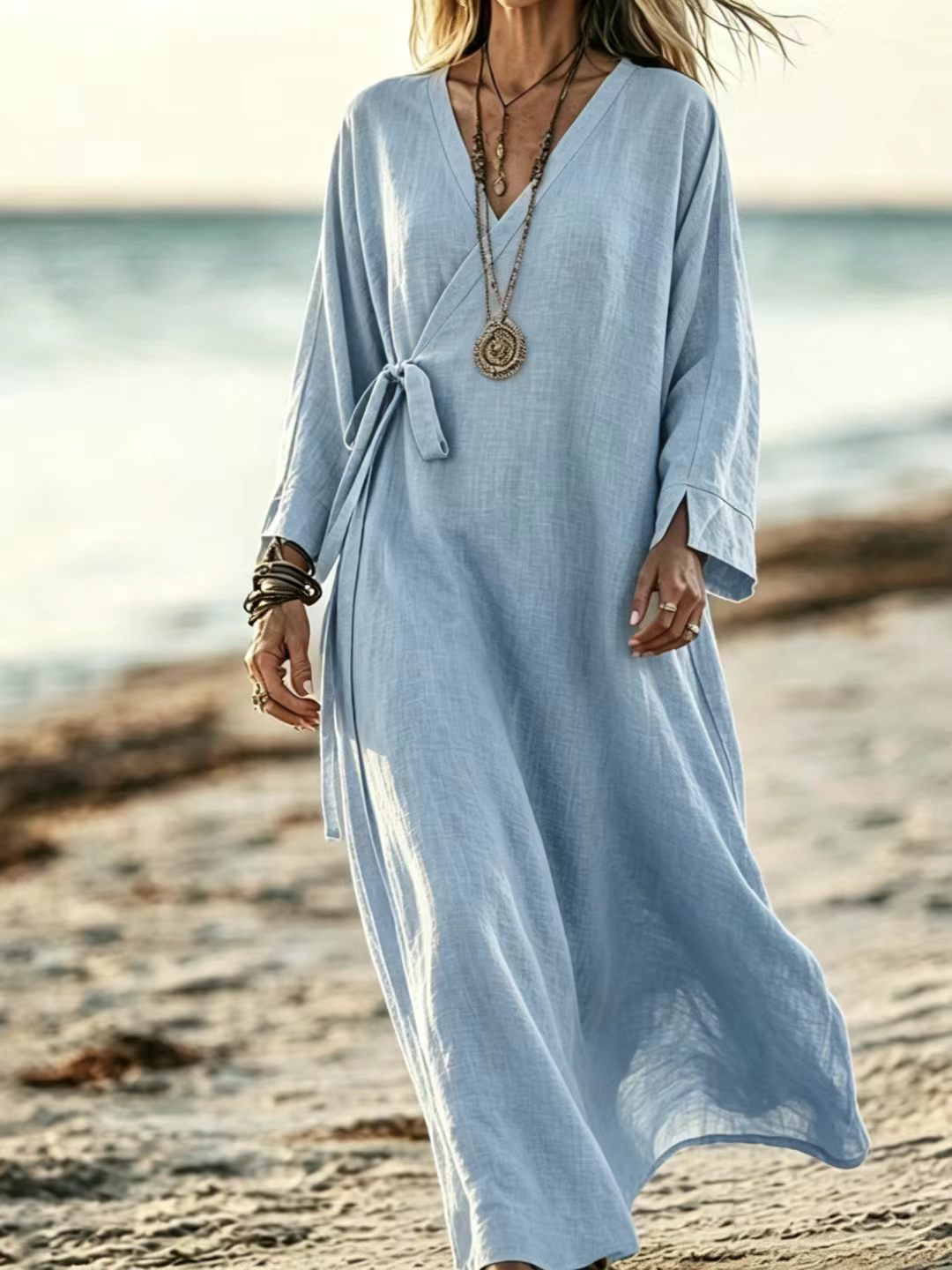 V-neck Crossover Strap Long-sleeve Resort Dress Dbbd80a4 E143 4a65 82b8 A56a5ad12fa6