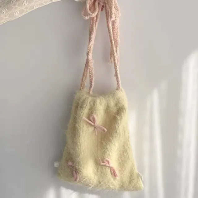 Drawstring Backpack Bowknot Furry Cloth Bag Tender Yellow Ladies Yellow - Shop at LoveMi