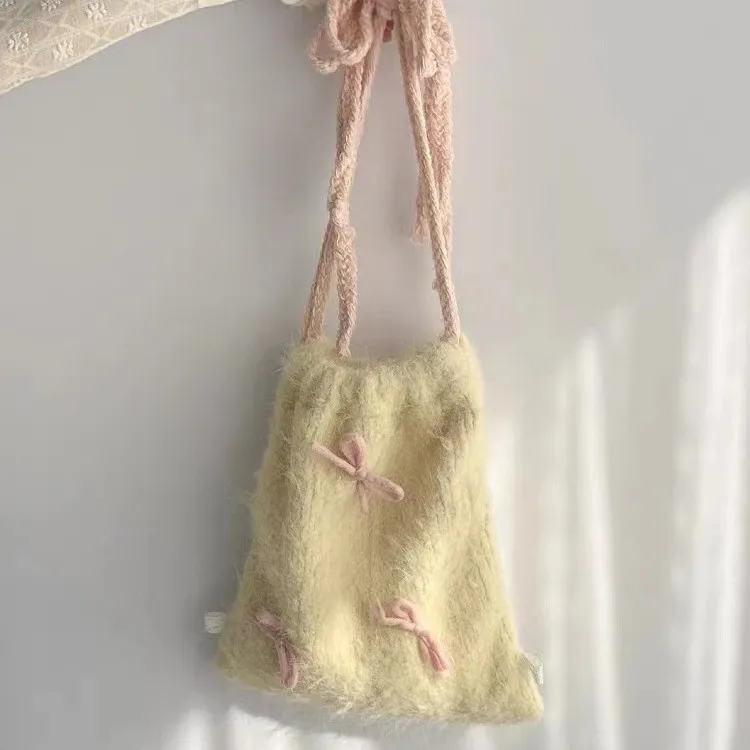 Drawstring Backpack Bowknot Furry Cloth Bag Tender Yellow Ladies - Yellow
