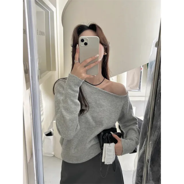 Fashion Korean style Off shoulder Top Versatile Temperament Sweater Gray - Shop at LoveMi