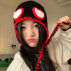 Autumn And Winter Pullover Cartoon Cute Funny Ear Protection Hand-woven Wool Hat - Black - View 1