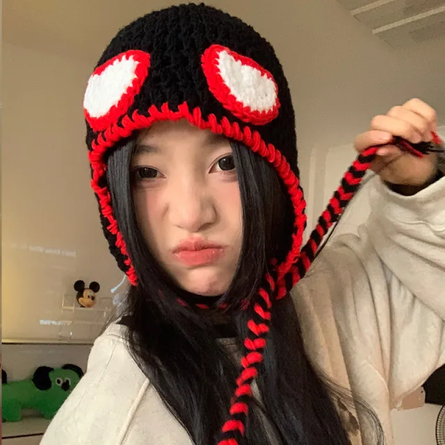 Autumn And Winter Pullover Cartoon Cute Funny Ear Protection Hand woven Wool Hat Black - Shop at LoveMi