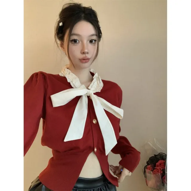 Bow Bandage Long sleeved Top Women's Short Sweater Red - Shop at LoveMi