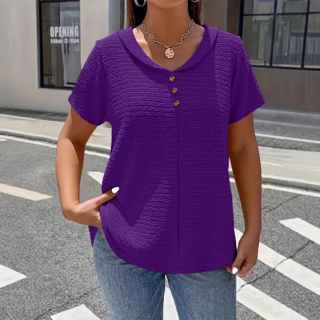 Pleated Fabric Solid-color Faux-button Doll-collar Top T-shirt