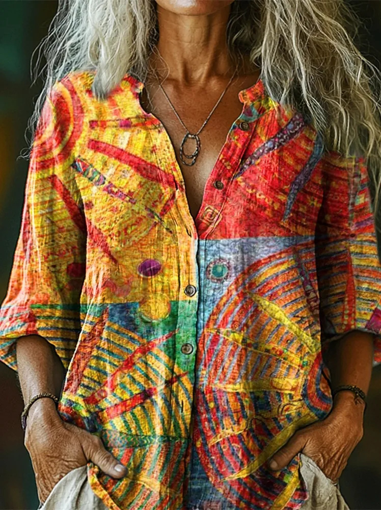 Womens Versatile Printed Long-sleeve Blouse