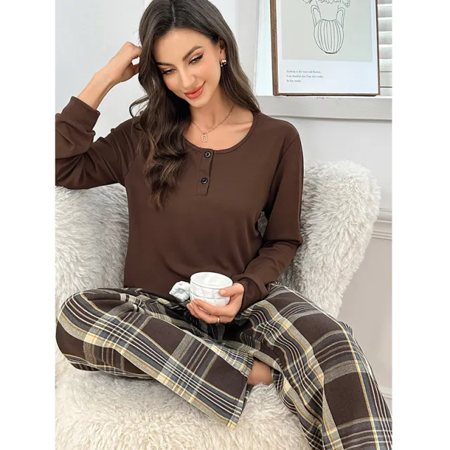 Plaid Pants Thread Top Button Pullover Set Brown - Shop at LoveMi