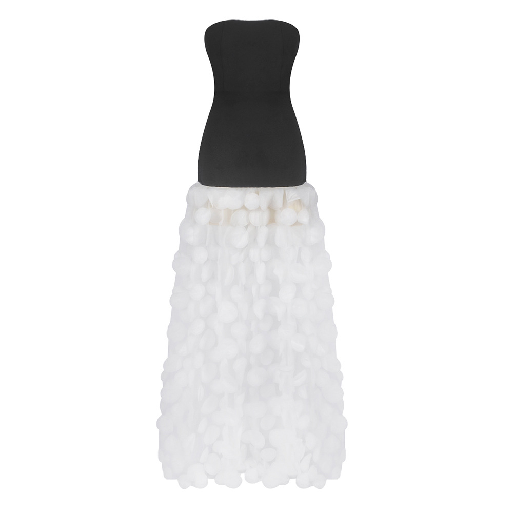 Black And White Tube Top Three-dimensional Flower Pettiskirt Dinner Dress