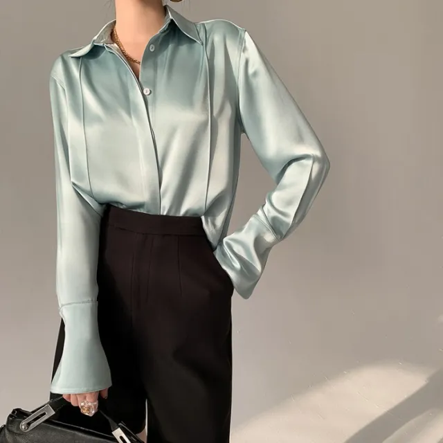 Elegant Women's White Shirt Made Of Triacetate Satin Azure Stone Green - Shop at LoveMi