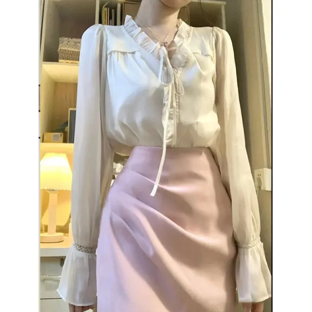 Women's Polyester Blouse Top High Waist Crimp Fishtail Skirt Suit Shirt - Shop at LoveMi
