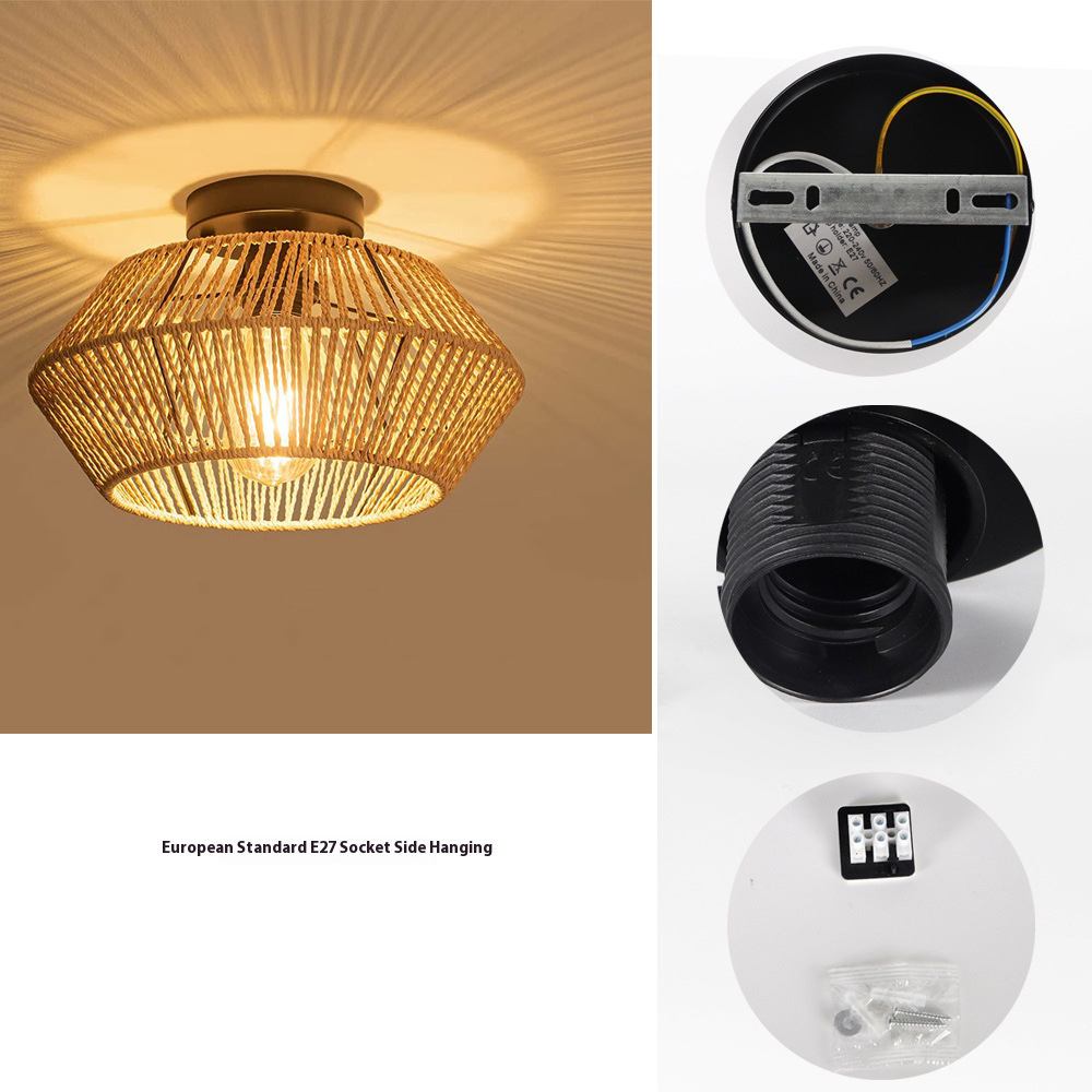 Handmade Vine Woven Aisle Restaurant Balcony Semi-suction Light - Image 4