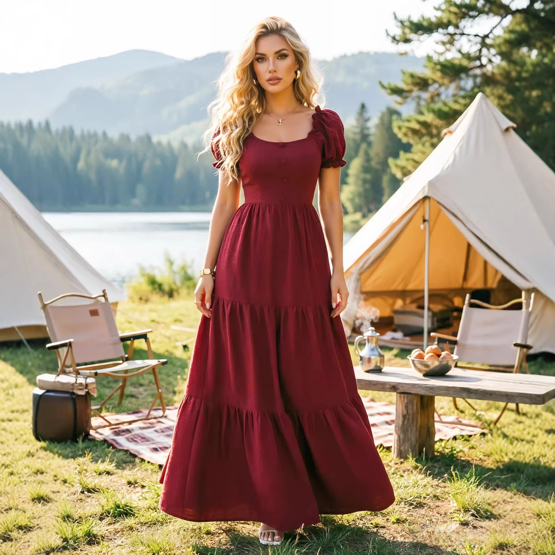 Womens Resort-Style Solid-Colored Short-Sleeve Maxi Dress