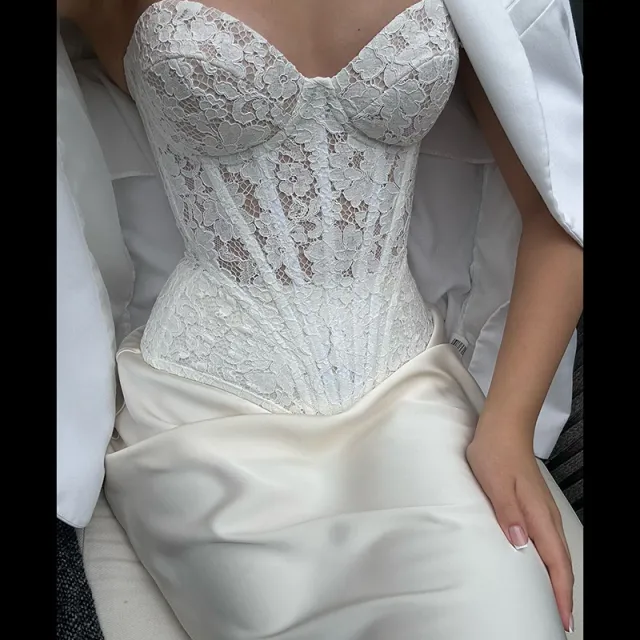 Autumn Elegant Lace Fishbone Bandeau Slim fit Long Dress Suit White Top - Shop at LoveMi
