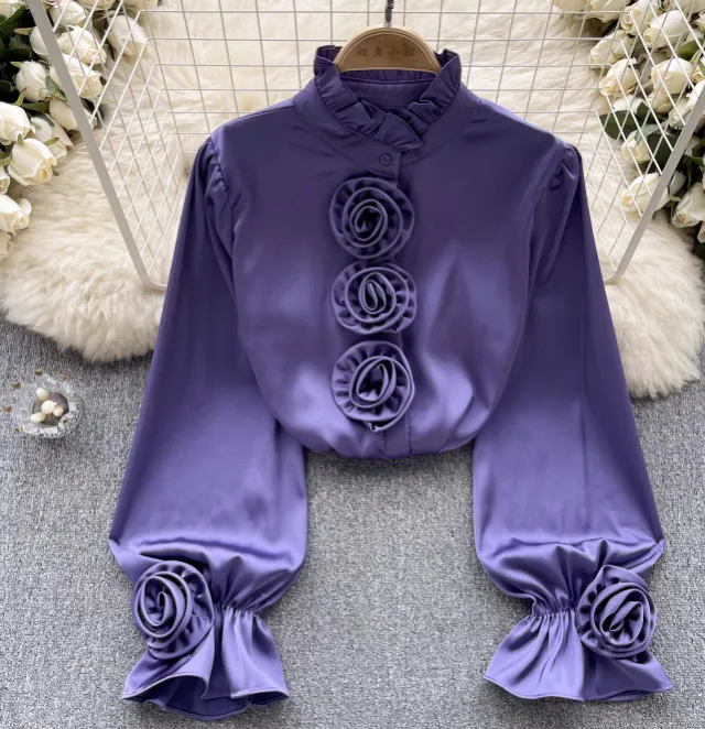 Flower Long Sleeve Casual Shirt Spring New Loose Slimming Purple - Shop at LoveMi