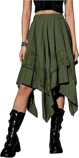 Renaissance style Pleated Half skirt With Asymmetrical Pointed Hem Ethereal And Fairy like Army Green - Shop at LoveMi