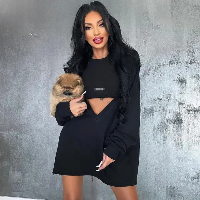 Personality All matching Sexy Slim fitting Sweater Two piece Set Top Black - Shop at LoveMi