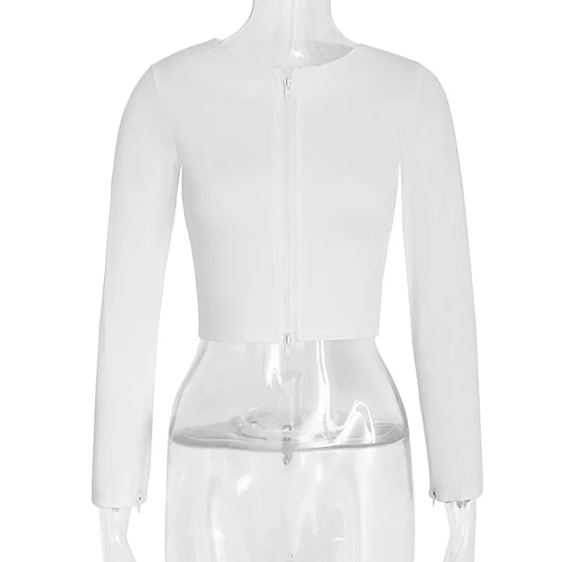 New Women's Solid Color Zipper Solid Color Long-sleeved T-shirt Slim Top - White