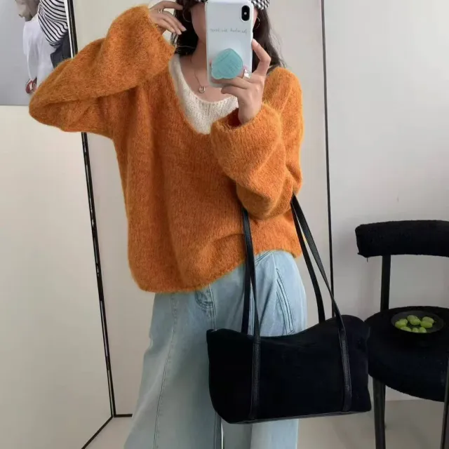 Laid back Preppy Style Fake Two piece Knitted Sweaters Top Orange - Shop at LoveMi