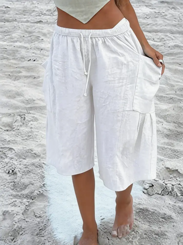 Cotton Linen Solid Color Fashionable Casual Everyday Capri Pants