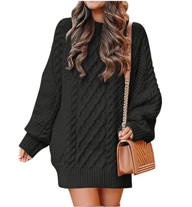Women's Round Neck Long Sleeve Twisted Knitted Mid length Dress Sweater Black - Shop at LoveMi