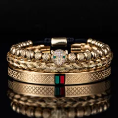 Micro Inlaid Leopard Head Bracelet Set In Stainless Steel - Golden Suit Suit B - View 1