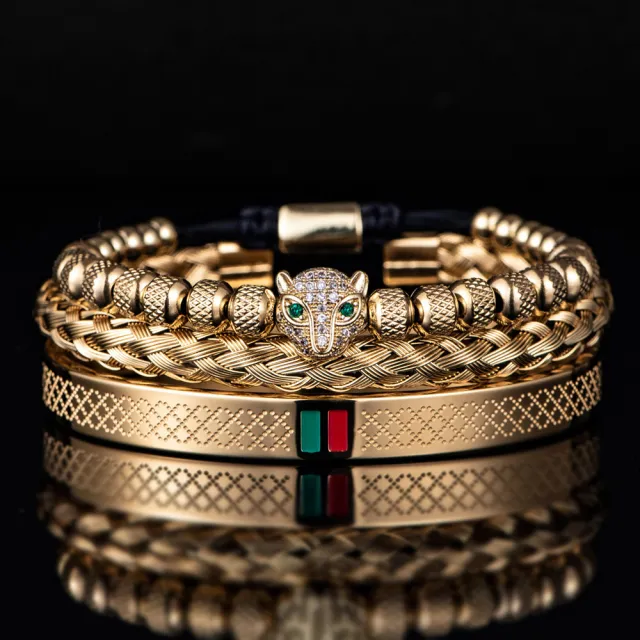 Micro Inlaid Leopard Head Bracelet Set In Stainless Steel Golden Suit Suit B - Shop at LoveMi