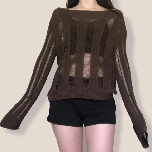 Temperament Crew Neck Long Sleeve Hollow out Loose Casual Bottoming Sweater Dark Brown - Shop at LoveMi