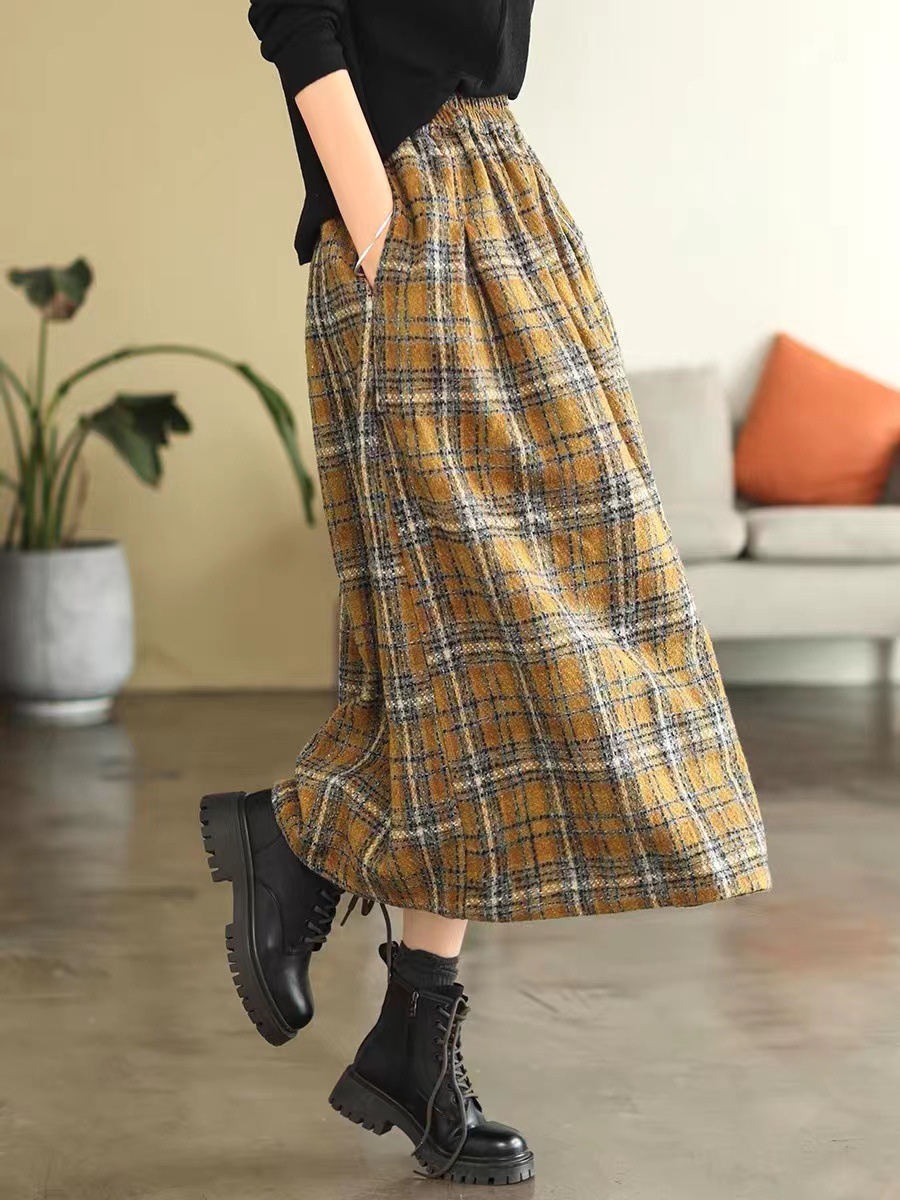 Elastic High Waist Woolen Cloth Plaid A Line Dress Yellow - Shop at LoveMi