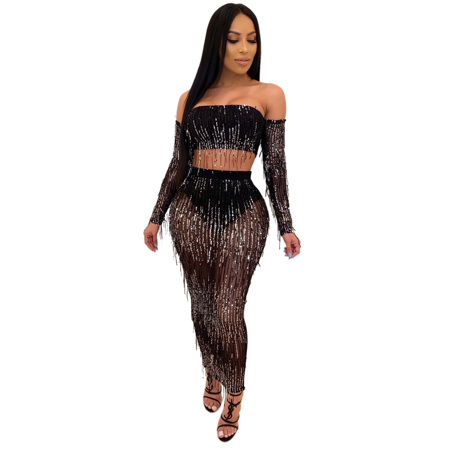 Fashion Sexy See through Mesh Sequins Tassel Two piece Set Brown - Shop at LoveMi