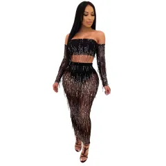 Fashion Sexy See-through Mesh Sequins Tassel Two-piece Set - Brown - View 1
