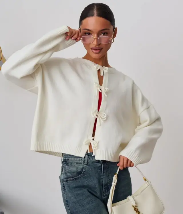 European And American European And American Leisure Loose Cardigan Lace up Solid Color Knitted Sweater For Women White - Shop at LoveMi