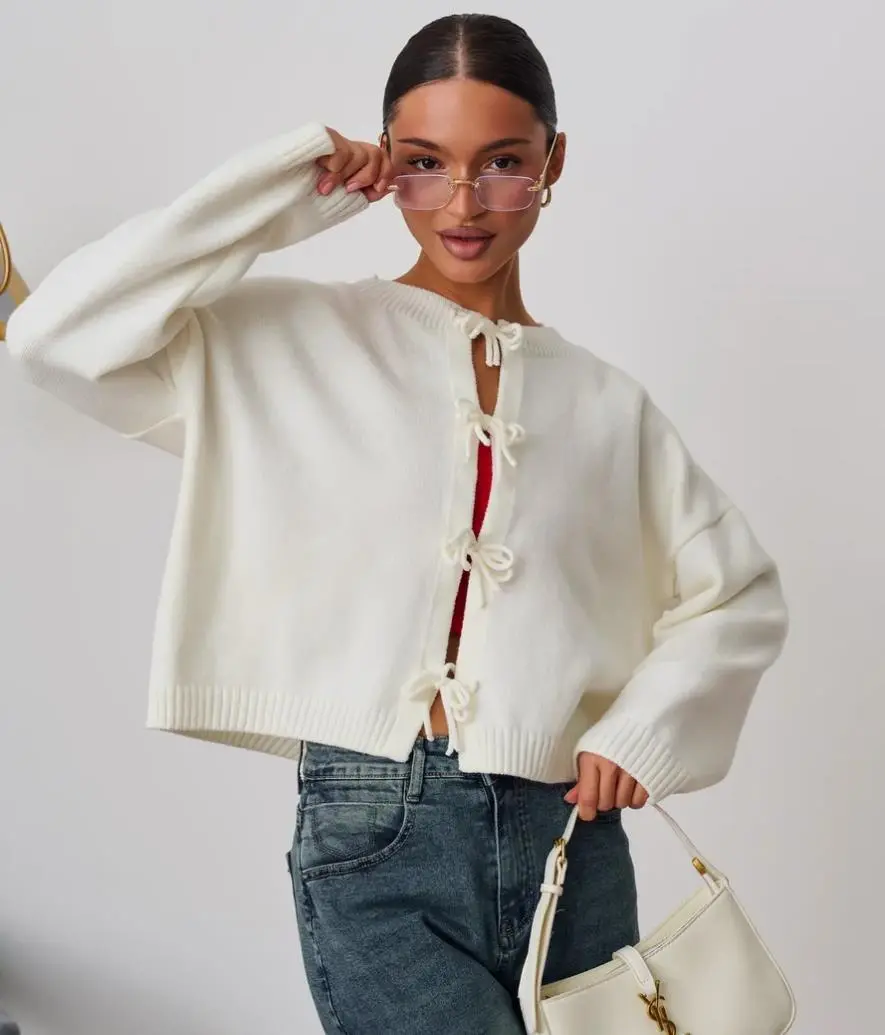 European And American European And American Leisure Loose Cardigan Lace-up Solid Color Knitted Sweater For Women - White