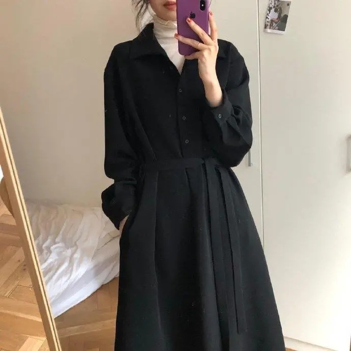 Korean-style Student Shirt Dress Womens Waist-cinching Dress