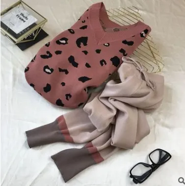 Ins Western Style V neck Leopard Print Loose Sweater Feet Trousers With An Elasticated Waist Suit Pink - Shop at LoveMi