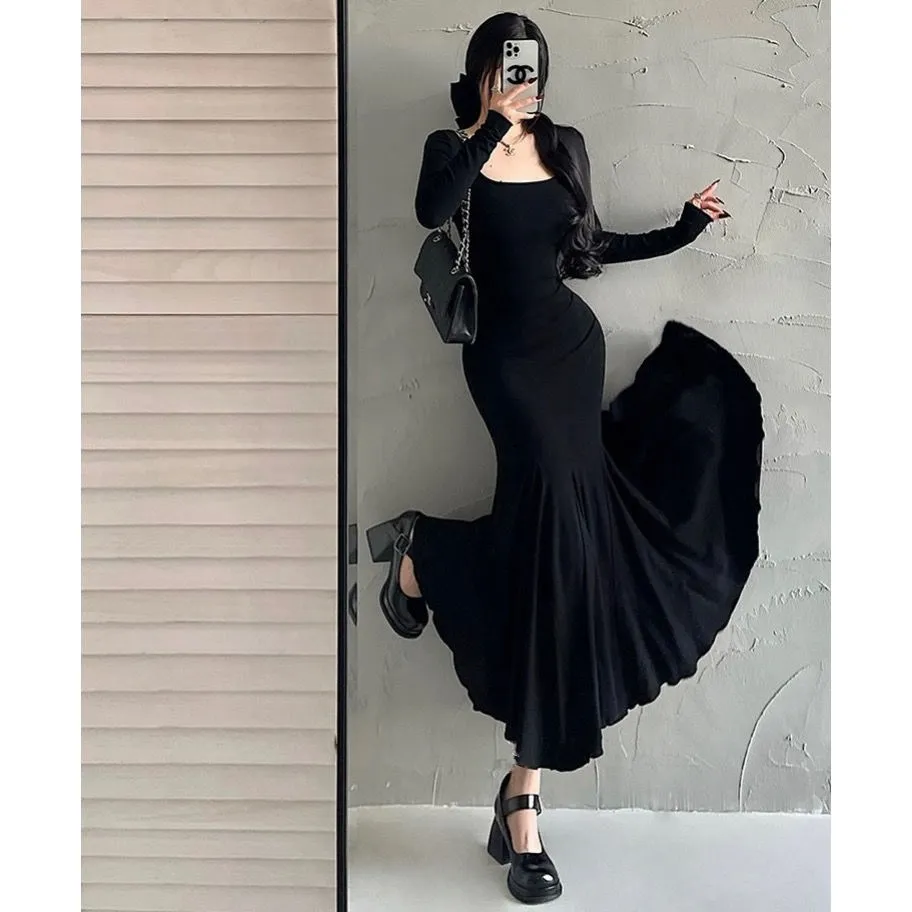 Elegant Fishtail Tight Waist Flab Hiding Slimming Dress - Black